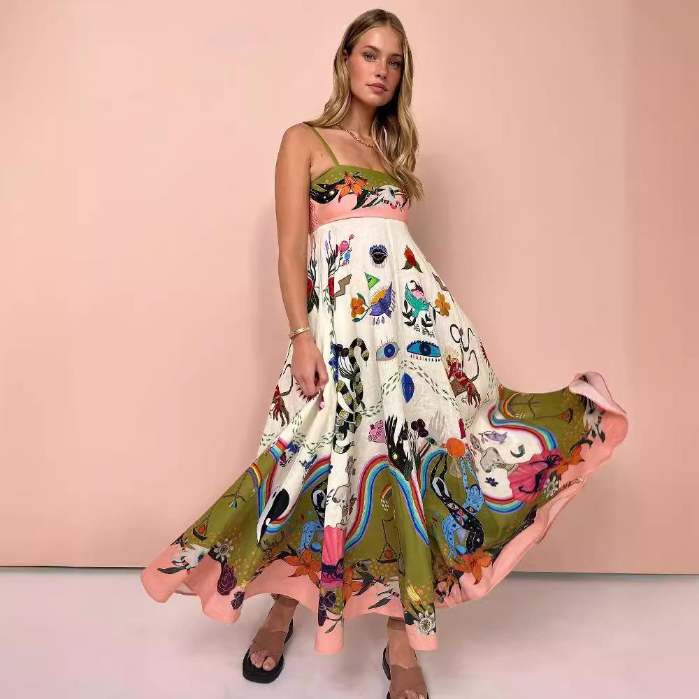 Sexy women's cotton and linen suspender graffiti print sleeveless big swing dress