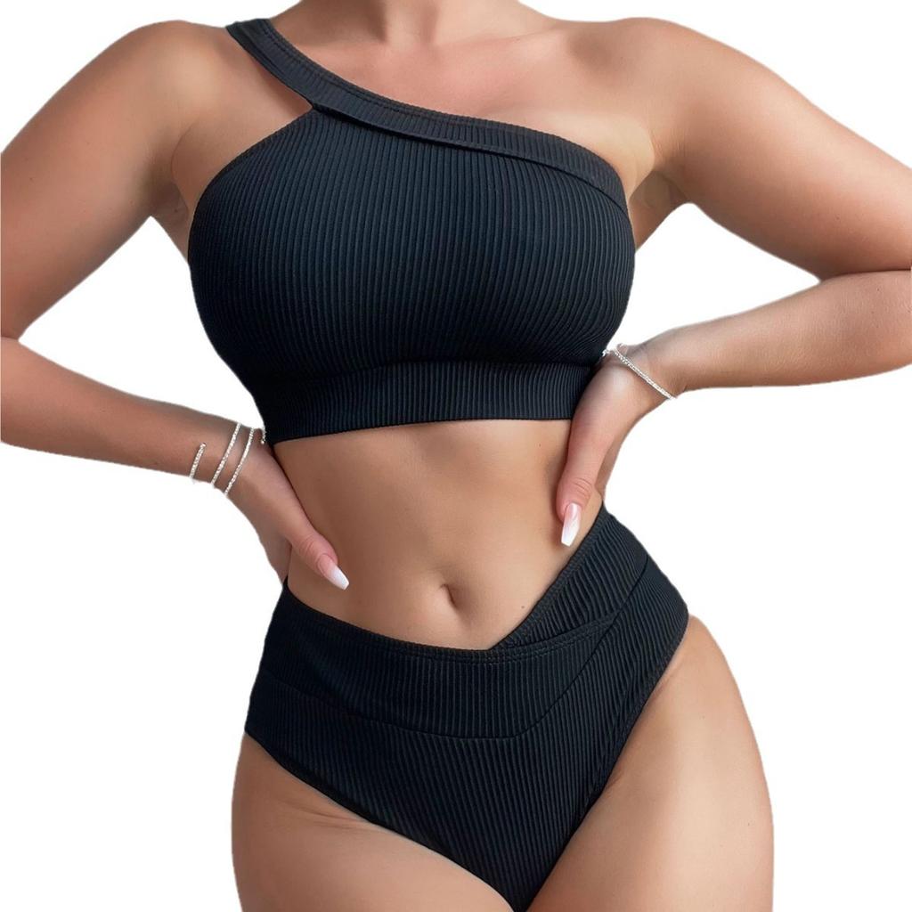2026 New Style Solid Ribbed One Shoulder High Waist Sexy Bikini Swimsuit Stylish Comfortable For Summer Beach Holiday