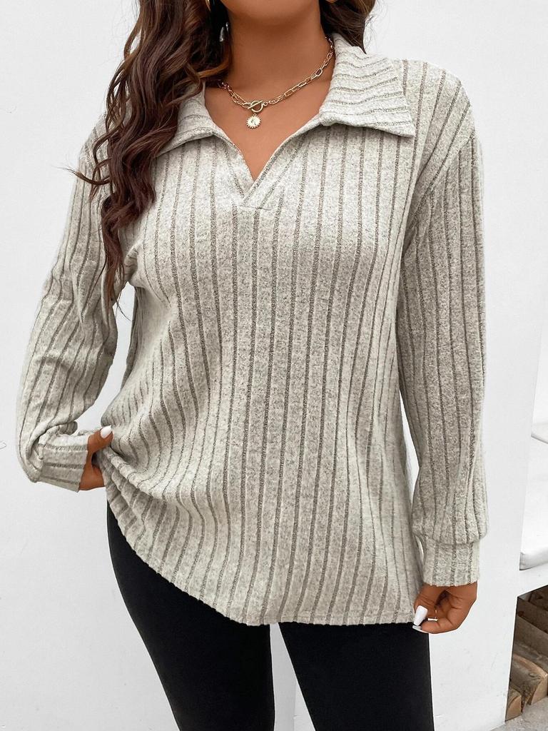 Autumn and Winter Solid Color Plus Size Women's Top V-neck Long Sleeved Pit Stripe Brushed T-shirt Loose Fitting Shirt