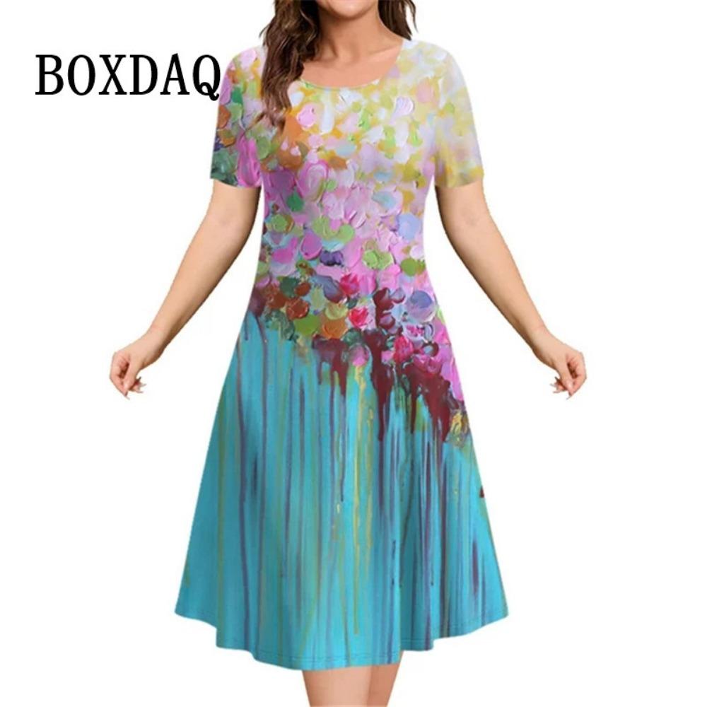 

Flower Print Women Dress For Vintage New Short Sleeve O-Neck Mini Dress Summer Pullover Loose Casual Retro Loose Plus Size Dress 6XL