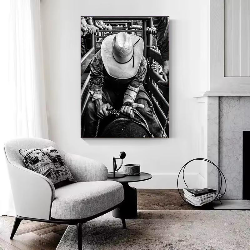 Retro Černobílý Divoký Západ Kovbojské Kovbojky Módní Fotografie Plakát Plátno Malba Nástěnné Umění Obrázky Domácí Dekorace