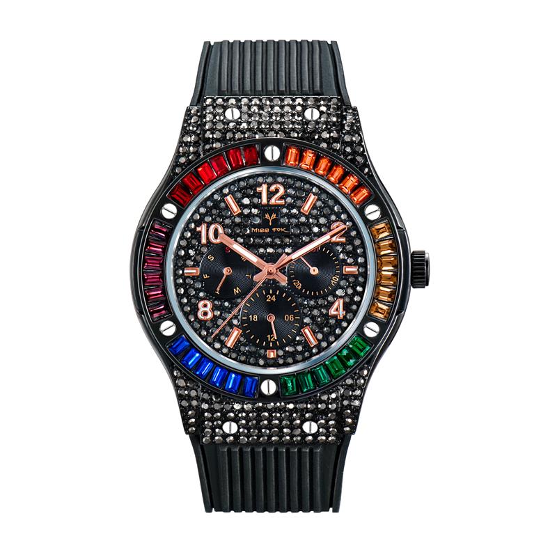44mm Men's Watch Waterproof Rainbow Diamond Case Luxury Gold Quartz Watches For Male Week Day Display Rubber Strap Hand Clock