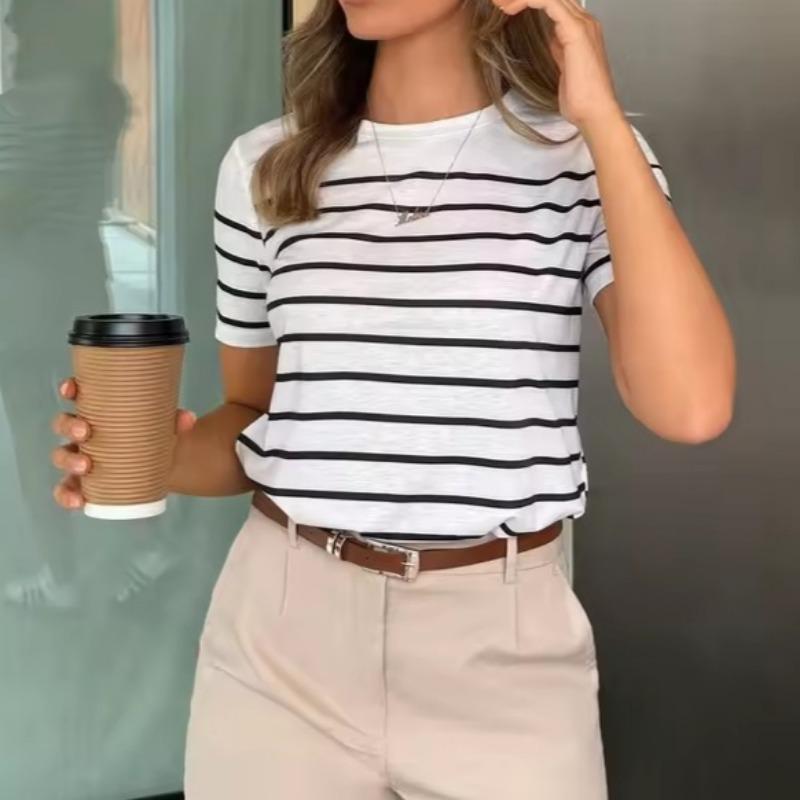 Women Striped Casual Versatile 3D T-Shirt Graphic Tees Round Neck Loose Classic Short Sleeve Vacation Entertainment Commuter Top