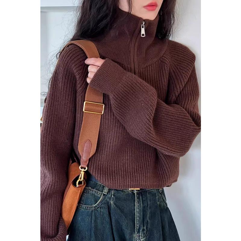 Fashion Autumn Winter Semi-turtleneck Zipper Women Knitted Sweater Long Sleeve Loose Short Tops New Solid Color Office Casual Simple Clothing