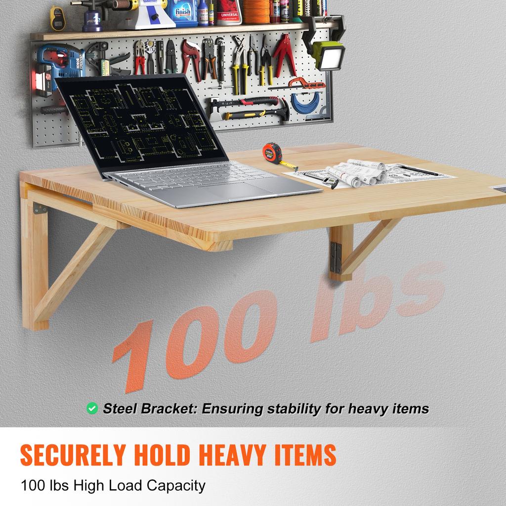 SucceBuy Wall Mounted Folding Table Wooden Floating Desk with Shelf Bracket Drop Leaf for Home Office Kitchen Bar Space-Saving