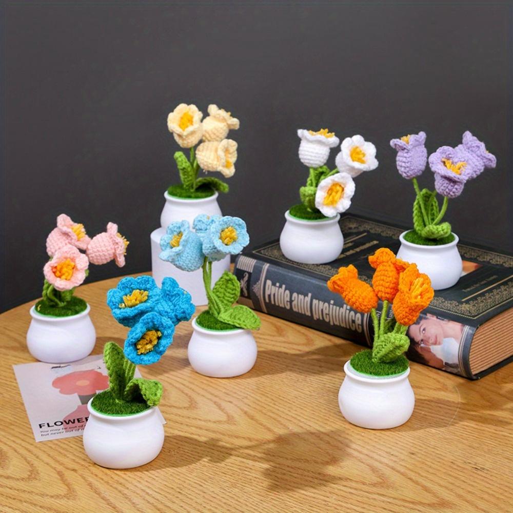 2 Pcs Knitting Crochet Bell Orchid Flowers Potted Plants for Wife Girlfriend and Women, Handmade Flowers for Car Decoration Home Decoration