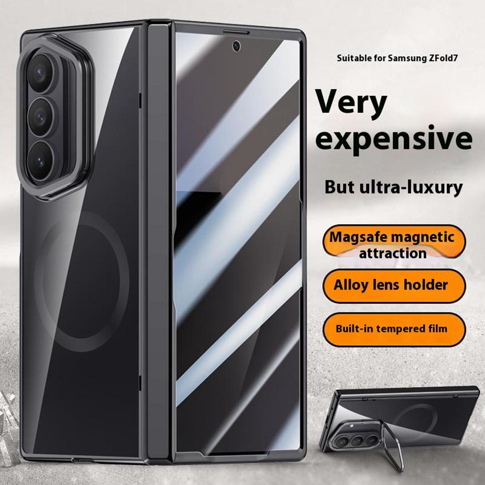 For Samsung Galaxy Z Fold7 5G Magnetic Case PC+Acrylic Phone Cover with Anti-Spy Screen Protector,Lens Kickstand