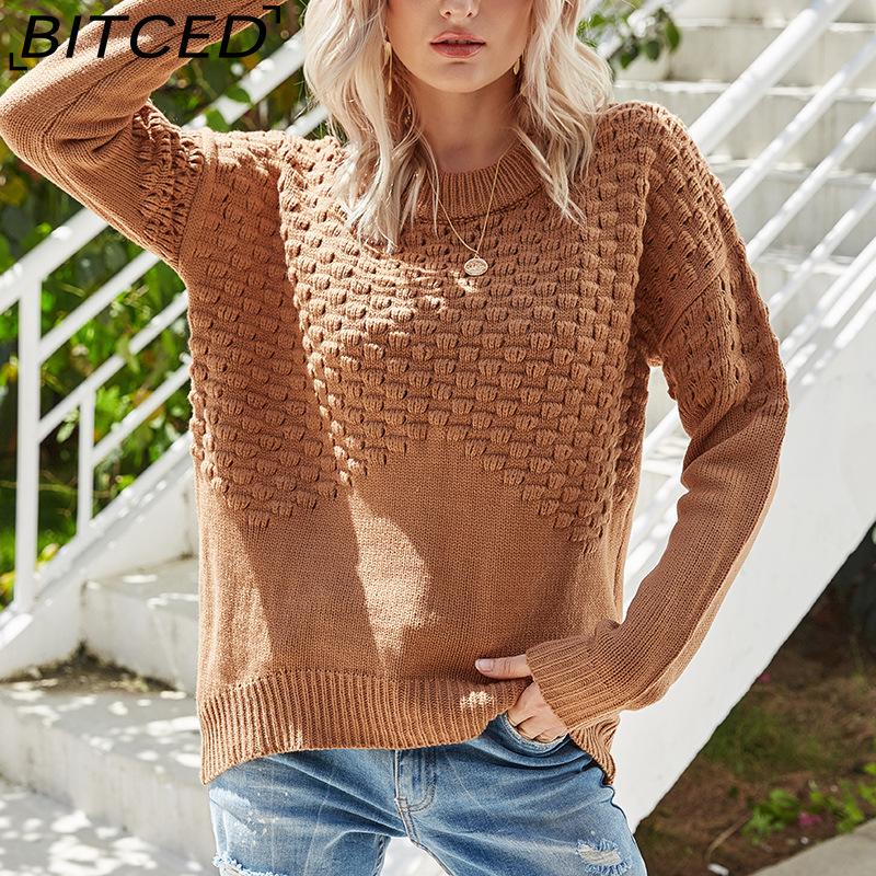 BITCED FallWinter Crew Neck Pullover Sweater Women s Knitwear Solid Color Long Sleeve Lace-Up Sweater XL коричневый 2438₽