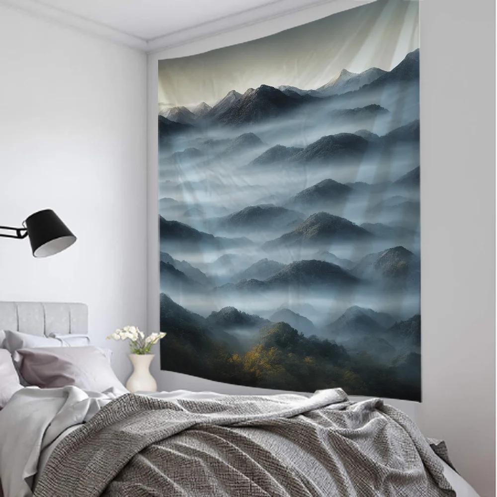Mist Forest Background Tapestry Room Decoration Natural Landscape Wall Background Cloth Living Room Home Decoration Wall Hanging