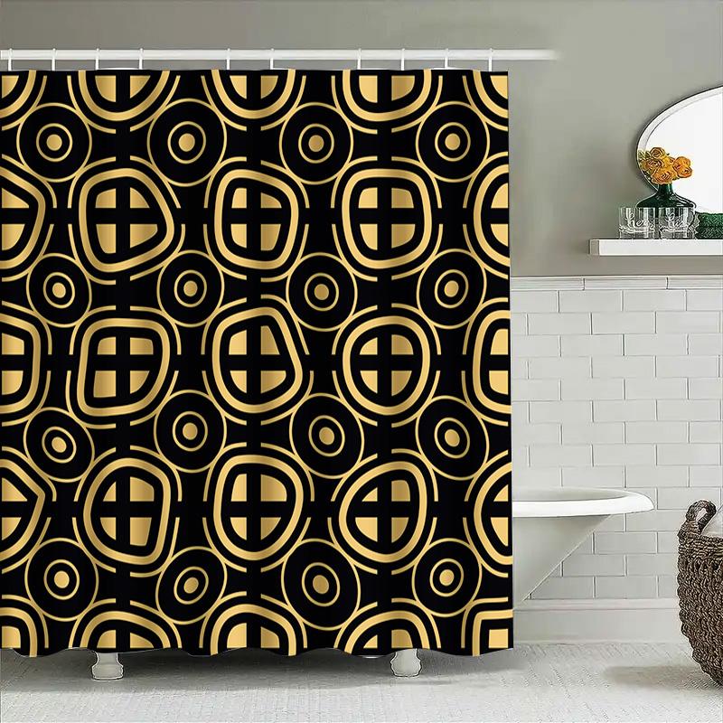 Gold Black Bath Shower Curtain Decorative Print Waterproof Home Bathroom