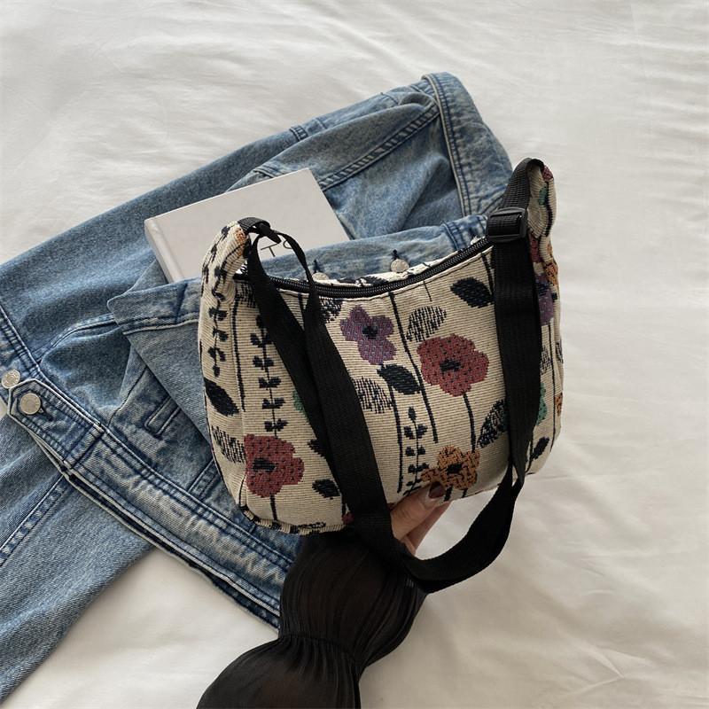 Stylish Casual Artistic Printed Crescent Bag In Deep Blue And Cream For Trendy Outings