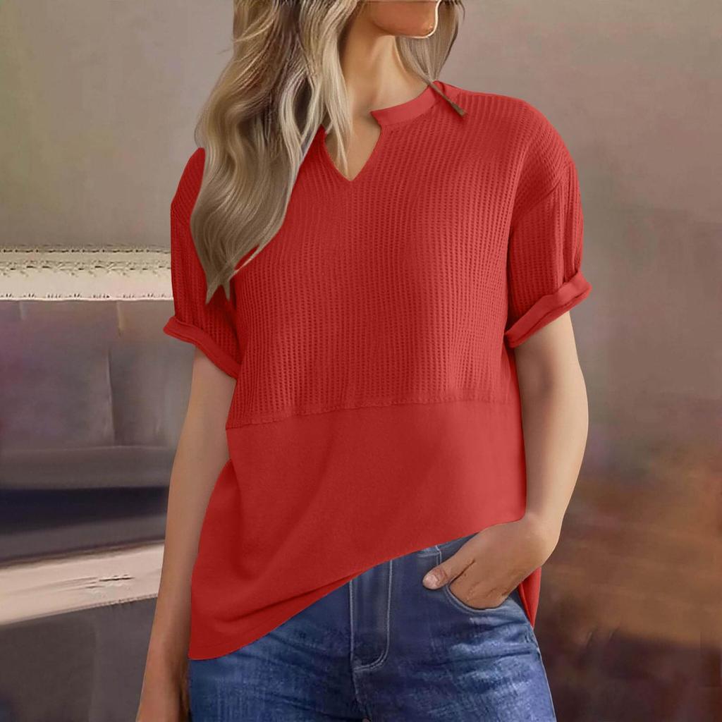 Womens  Knit Tops Casual V Neck Short Sleeve T Shirts Loose Blouses