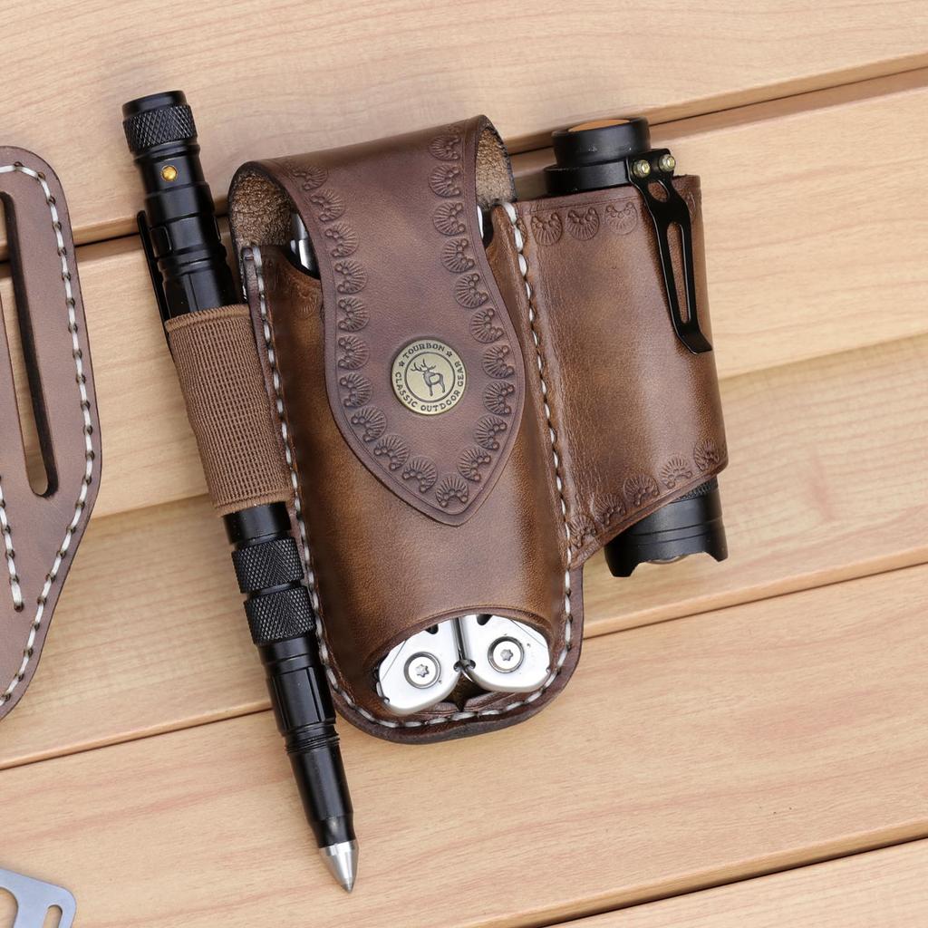 TOURBON Holder Belt Tool Pouch Leather Flashlight Pliers Storage Bag Multi-Tool Multi-Function