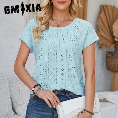 Dámské jarní letní volné tričko s kulatým výstřihem, krajkovým vzorem a jednobarevné