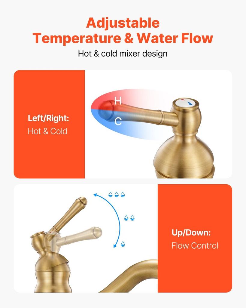 Single Handle Sink Faucet, Solid Brass Single Handle Kitchen Faucet, 1 or 3 Hole Kitchen Faucets with Push-Button Drain, Suitable for Bathroom, RV,