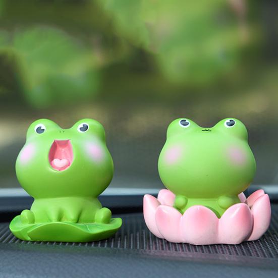 3Pcs Frog Figure with Pad Resin Frog Car Ornament Mini Green Plant Bonsai Pot Home Office Decor Car Interior Accessory
