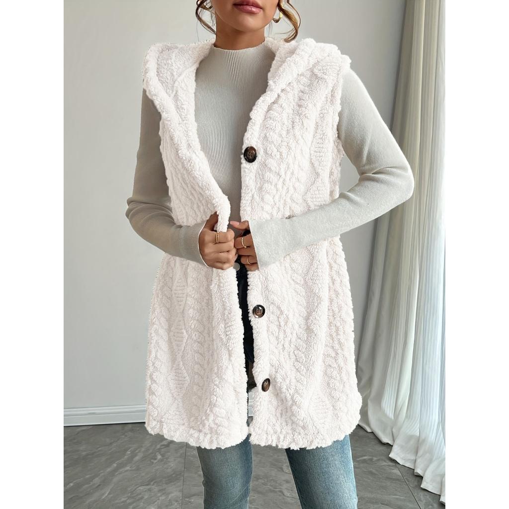Damen Uni Farbe Wende Flauschige Kapuzen Knopf Strickjacke Weste Lässig Herbst Winter Mode