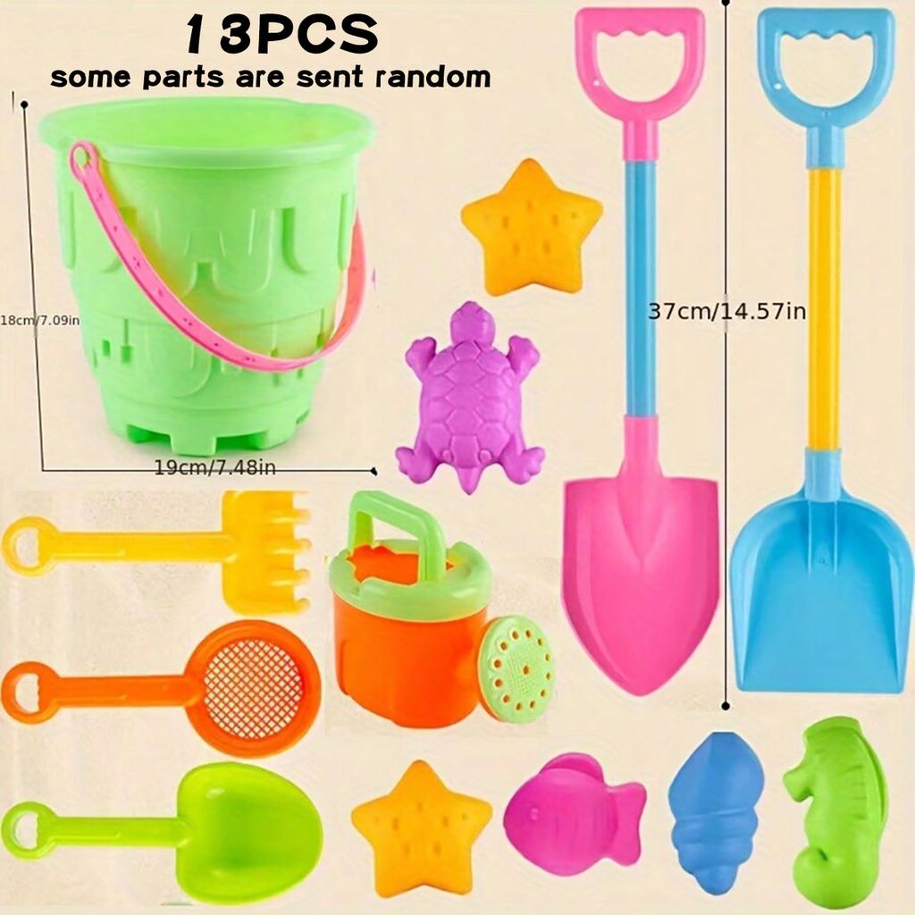Children's beach and sandbox toy set, including a large round sandcastle bucket, sandcastle mold, and a large shovel. The colors