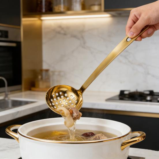 Stainless Steel Soup Ladle with Long Handle And Strainer 2-in-1 Kitchen Spoon for Serving And Filtering Easy To Store Hanging Hole Cooking Tools
