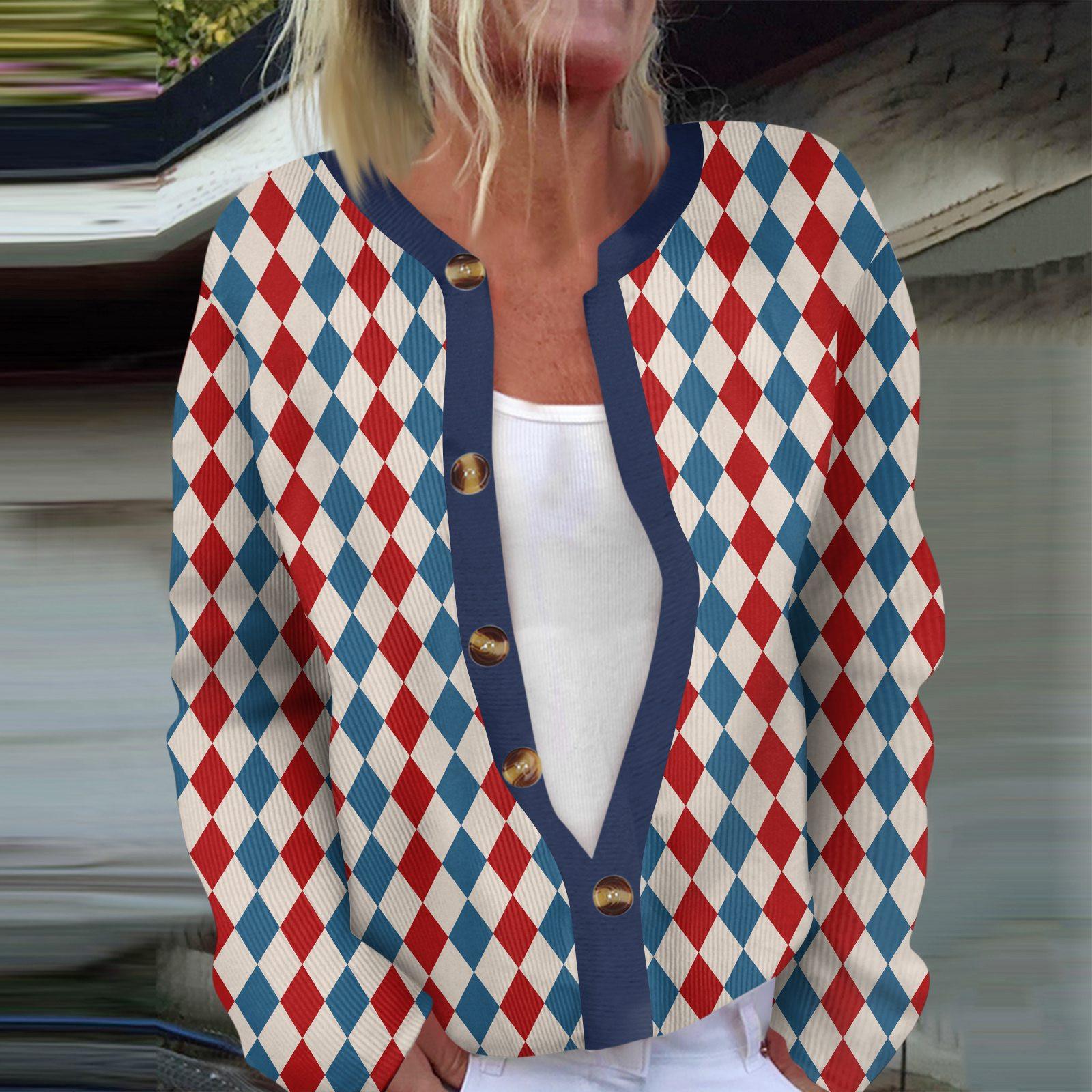 Женская мода с длинным рукавом, карнавальный цветной полосатый принт, куртка, кардиган L синий