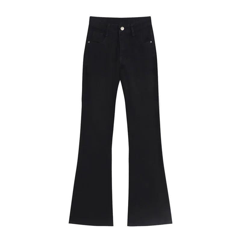 Women s Black High-Waisted Stretch Denim Micro-Flare Pants - Slimming & Trendy for 2025 Autumn/Winter Small