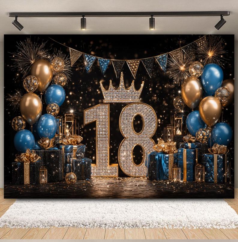 Black and Gold Balloon Gift Theme 18th Birthday Banner Backdrop Cloth Adult Gift Birthday Party Decoration Photography Backdrop