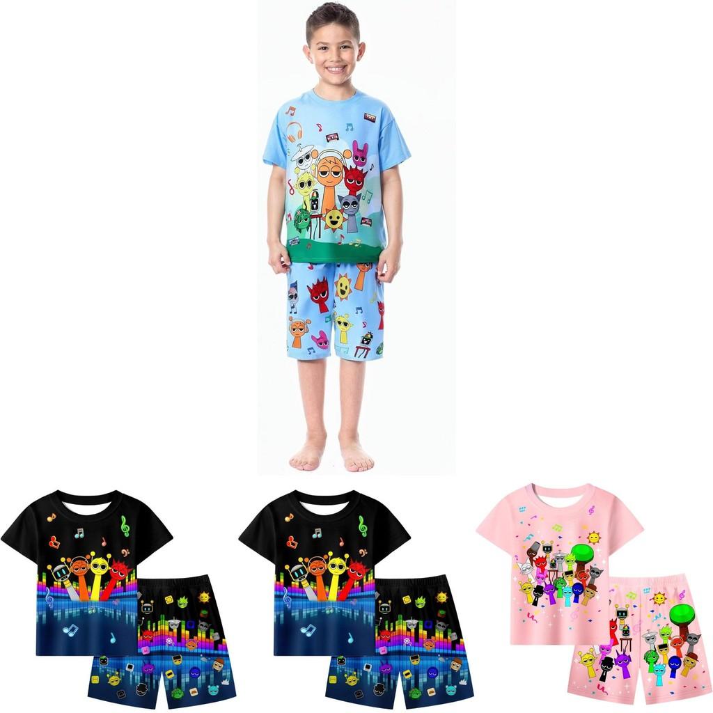Conjunto de Pijama de Verano con Estampado Sprunki para Niños y Niñas de Algodón Casual Dibujos Animados Traje de Dos Piezas para Estar en Casa para Niños