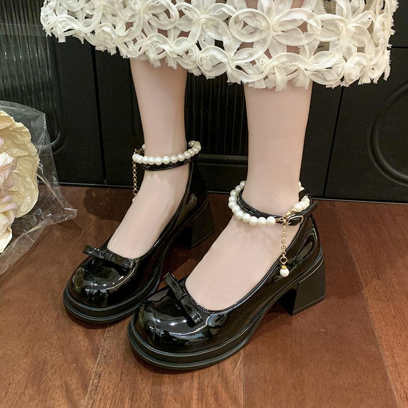 French Mary Jane small leather shoes women's skirt 2025 new summer versatile pearl bow thick high heel shoes