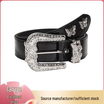 American Retro Y2K Rhinestone Butterfly Buckle Women's Low-Waist Leather Belt