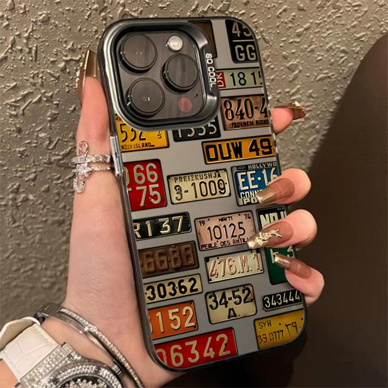 Motif Plaque d'immatriculation de voiture vintage Argent électroplaqué Coque de téléphone IMD Pour iPhone 11 12 13 14 15 16 Pro Max 7 8 Plus X XS XR Housse