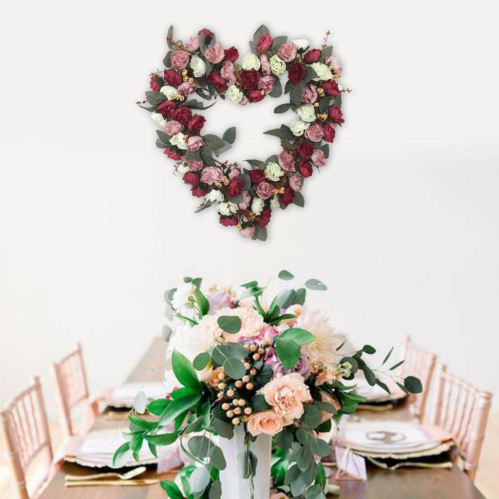Heart-Shaped Rose Wreath Simulation Wall Hanging Knocker 14" Welcome Garland for