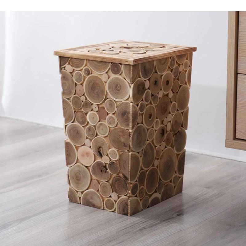 Wooden Trash Bin Living Room Chip Splicing Process Technology with Lid Paper Basket Decor Home Items