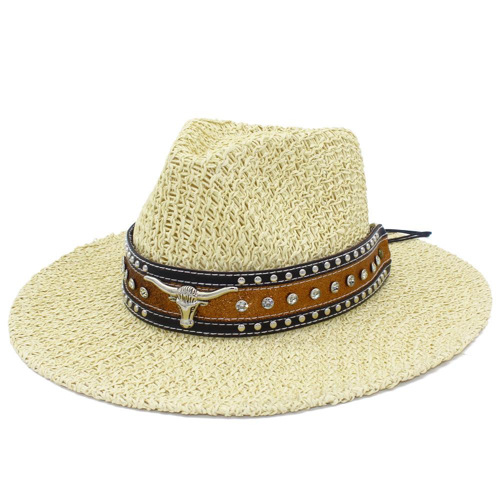 Premium new bull head rivet decorative cowboy hat women's outdoor travel visor hat hollow design straw hat