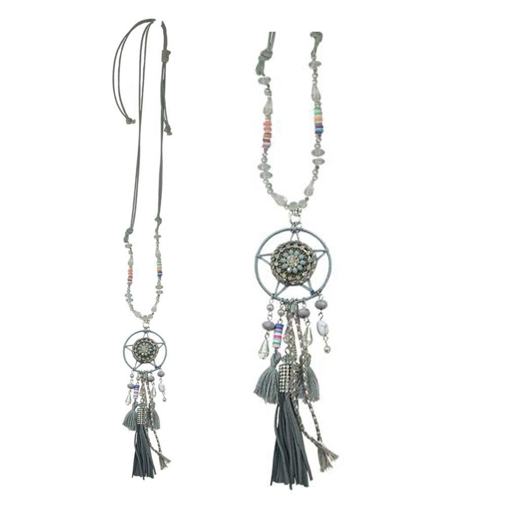Les Trésors De Lily [Q5938] - Gray 'Boho' Long Necklace (dreamcatcher) - 90 Cm - 16x5 Cm