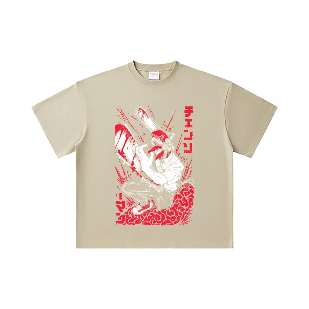 260 GSM Double Yarn 32 Count 100% Cotton Chainsaw Man V28 Denji Print Unisex Heavy Cotton T Shirt