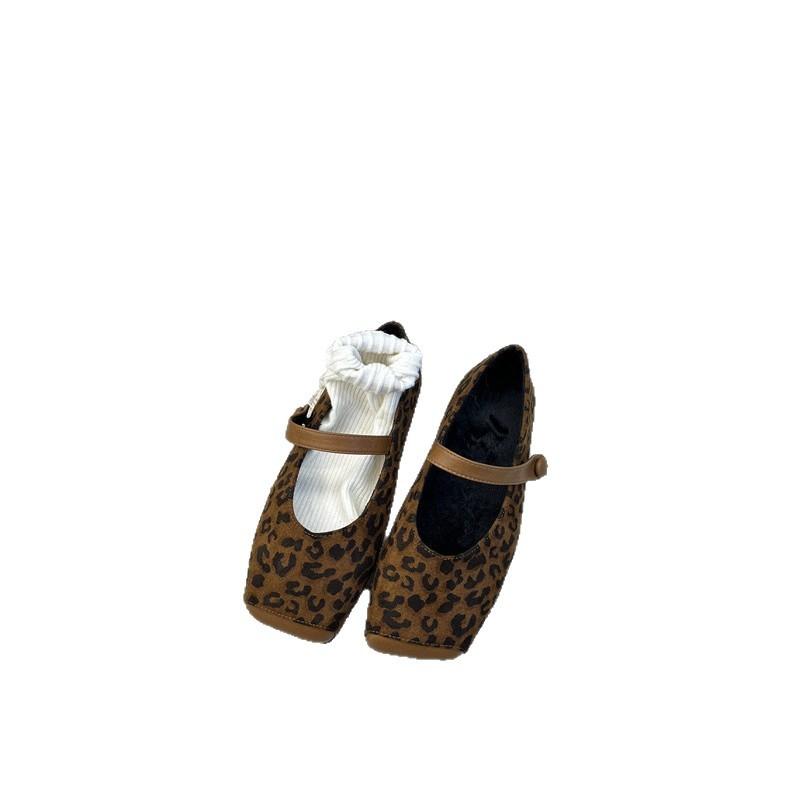 Retro Suede Leopard Print Square Head Flat Sole Single Shoes Versatile Soft Sole Word with Mary Jane Shoes
