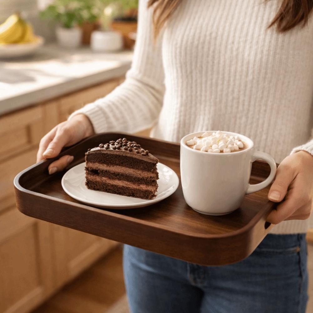 Polished Walnut Tea Tray Hollowed-out Handle Breakfast Serving Tray Tea Serving Plate  Desserts