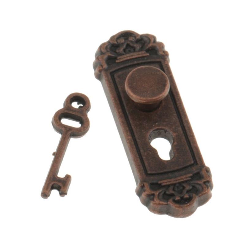 1:12 Scale Miniature Door Lock and Key Set 2 in 1 Pack Door Knocker Lock Set Vintage Dollhouses Decoration Accessories