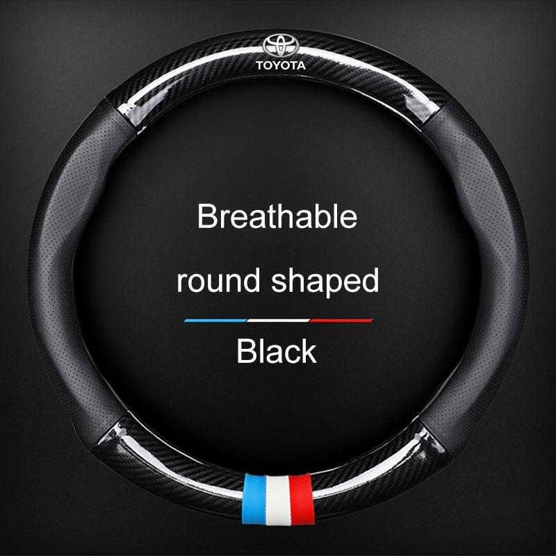 Leather Carbon Fiber Car Steering Wheel Cover Emblem Car Accessories For Toyota TRD Corolla Auris Yaris Rav4 CHR Camry40 prius