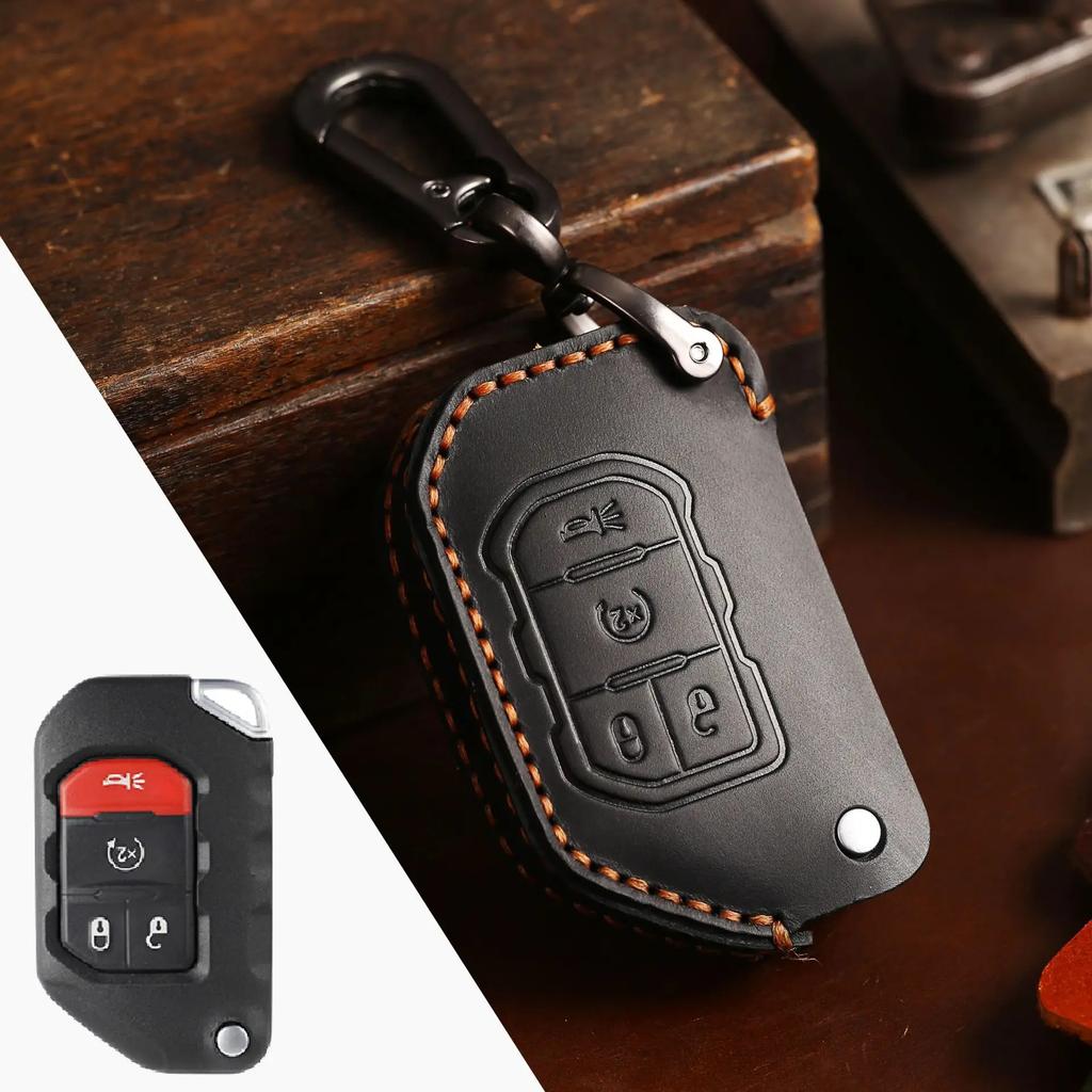 Leather Car Key Cover Keychain Holder Case Protector for Jeep Wrangler JL JLU Folding Flip Remote Shell Bag Set Accessories