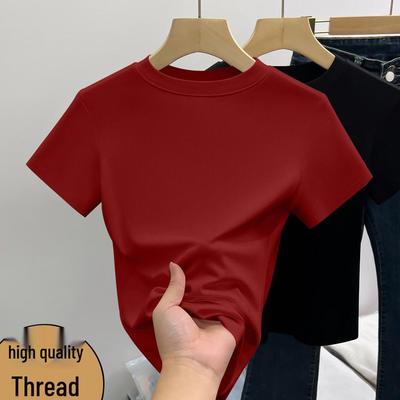 Commuting Korean Style Girls' Solid Color Slim Short Sleeve Ribbed Fashion Top