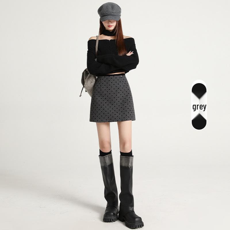 Женская мини-юбка шерстяная в горошек в стиле ретро с высокой талией, модный и стройнящий дизайн, Осень/Зима 2026 Large серый