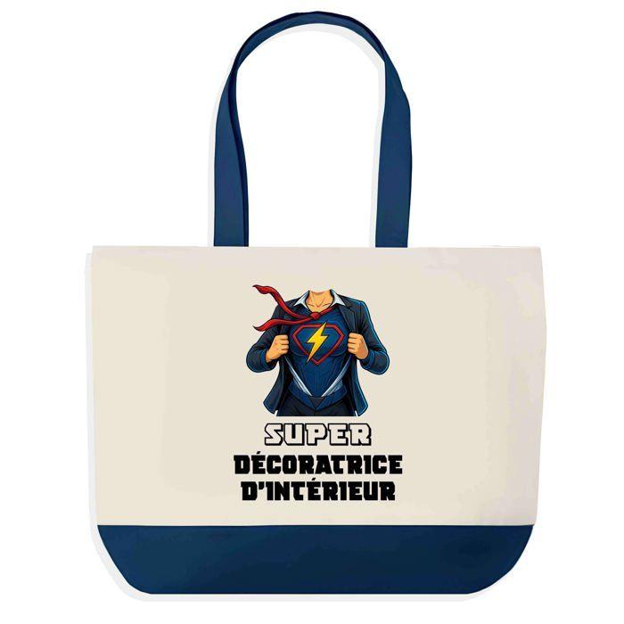 Tote bag - PLANETEE - Super Décoratrice D'Intérieur Femme - Fond bleu - Coton - 40x45 cm