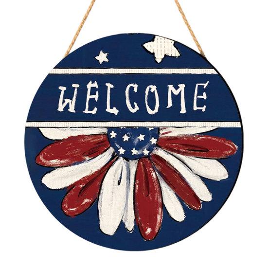 Spring Flower Wreath Welcome Sign, Independence Day Patriotic Hanging Plaque, Round Wooden Door Hanger Decoration for Indoor Outdoor
