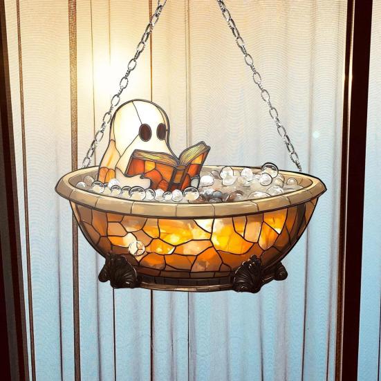 Halloween Reading Ghost Suncatcher Decoration Hanging Chair Cartoon Ghost Stained Glass 2D Flat Acrylic Wall Window Hanging Sign Ornament