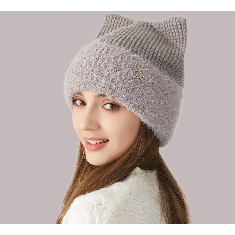 Girls' Cute Cat's Ears (Steamed Cat-ear Shaped Bread) In Winter Thickened Ear Protection Knitted Hat Versatile Solid Wool Hat