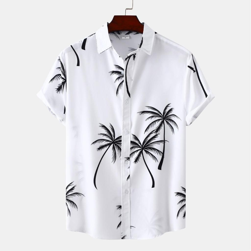 Men's Summer New Loose Print Short Sleeve Shirt Cardigan Beach Shirt