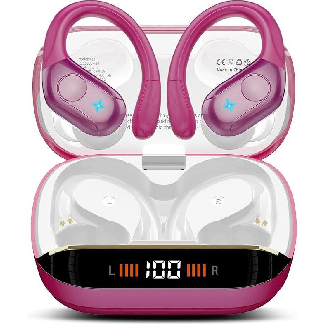 Wireless Earbuds Bluetooth 5.4 Headphones Sports, 75H Stereo Deep Bass Over Ear Buds with Earhooks, Bluetooth Earbuds with 4 ENC Mic, LED Display,
