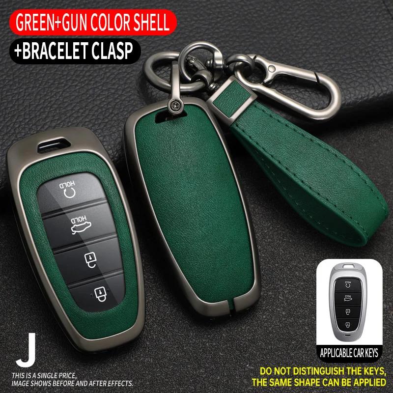 Zinc Alloy + Leather Car Key Case Cover for Hyundai Solaris Sonata Hybrid NEXO NX4 New Grand Santa Fe Tucson 2020 2021 2022 2023