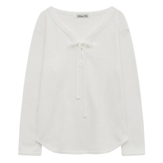 Oversized Waffle T-Shirt with Front Strap Detail | Long Sleeve Relaxed Fit Top (Ivory, Gray, Black) слоновая кость